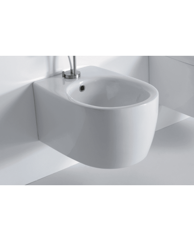 Bidet suspendu Twiggy Bleu Provence, design élégant en céramique blanche, robinetterie chromée, style minimaliste.