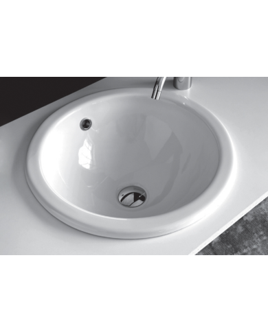 Lavabo sous plan sottopiano Bleu Provence en céramique blanche, design rond et élégant, robinetterie intégrée