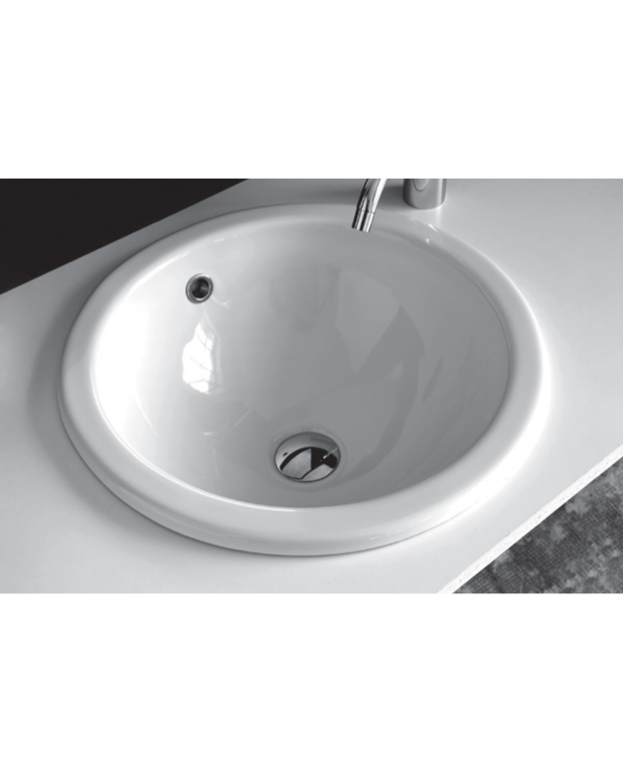 Lavabo sous plan sottopiano Bleu Provence en céramique blanche, design rond et élégant, robinetterie intégrée