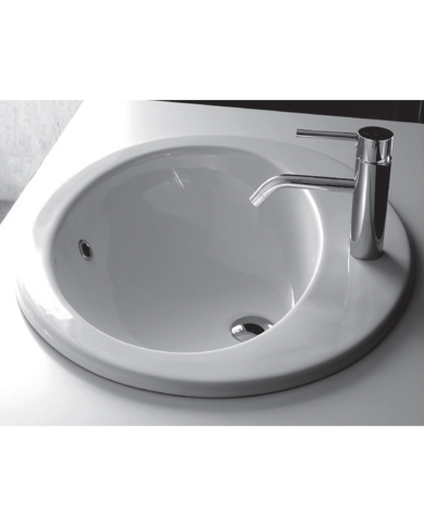 Lavabo sous plan rond céramique Bleu Provence avec robinetterie chromée élégante