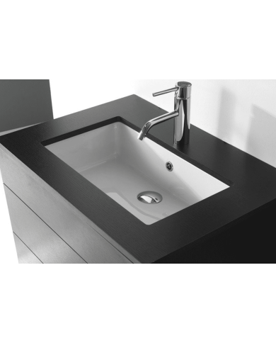 Lavabo sous plan rectangulaire en céramique blanche P34.5 Bleu Provence avec robinetterie chromée.
