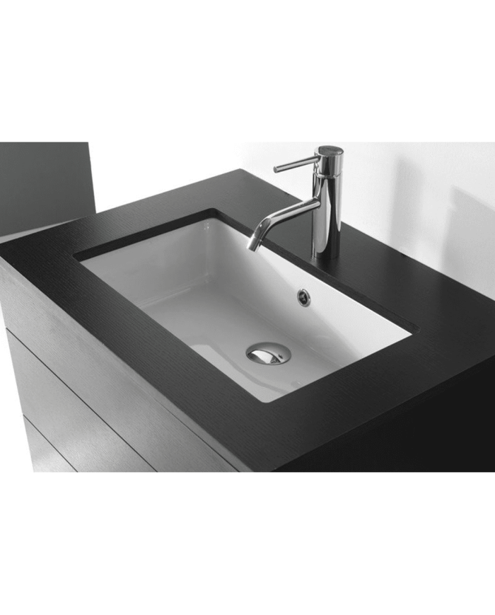 Lavabo sous plan rectangulaire en céramique blanche P34.5 Bleu Provence avec robinetterie chromée.