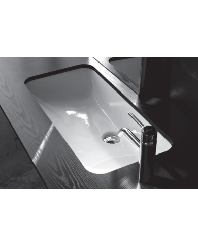 Lavabo rectangulaire en céramique blanche, robinetterie noire élégante, Bleu Provence, angles arrondis.