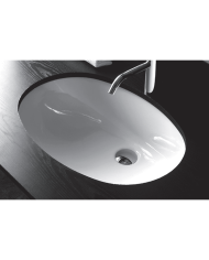Lavabo sous plan arrondi en céramique blanche P41 Bleu Provence avec robinet moderne.
