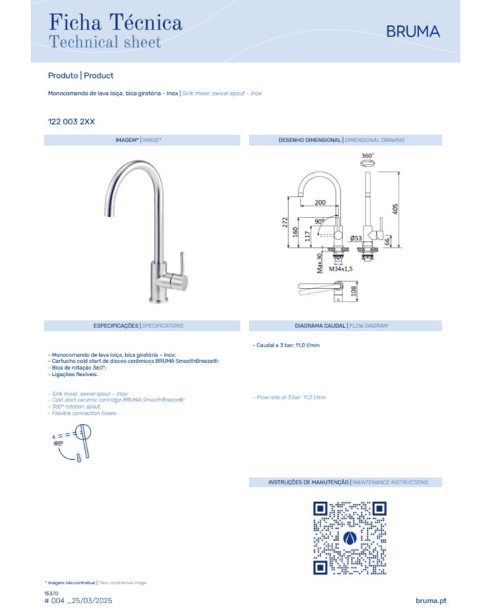 Mitigeur de cuisine monocommande 3 Inox - Bruma