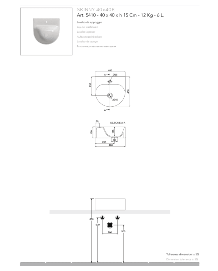 Lavabo à poser Skinny 40×40R en céramique – Scarabeo