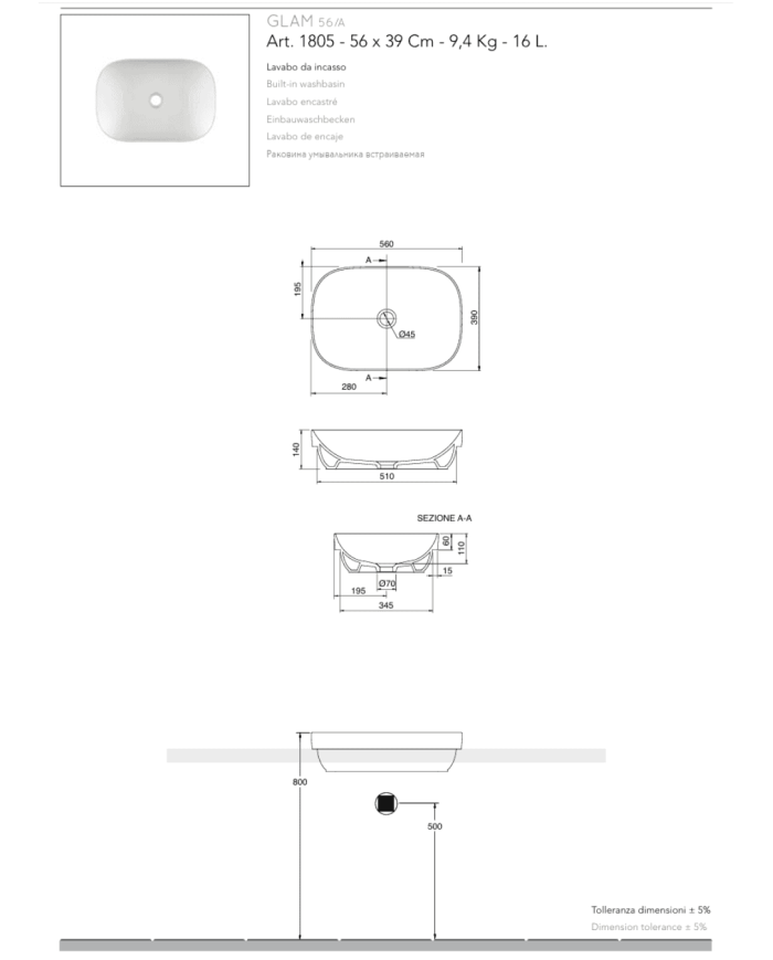 Vasque à encastrer Glam 56Ax39 – Scarabeo