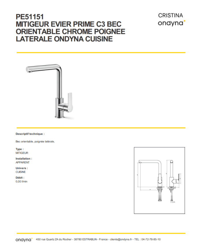 Mitigeur évier Prime 3 - Ondyna