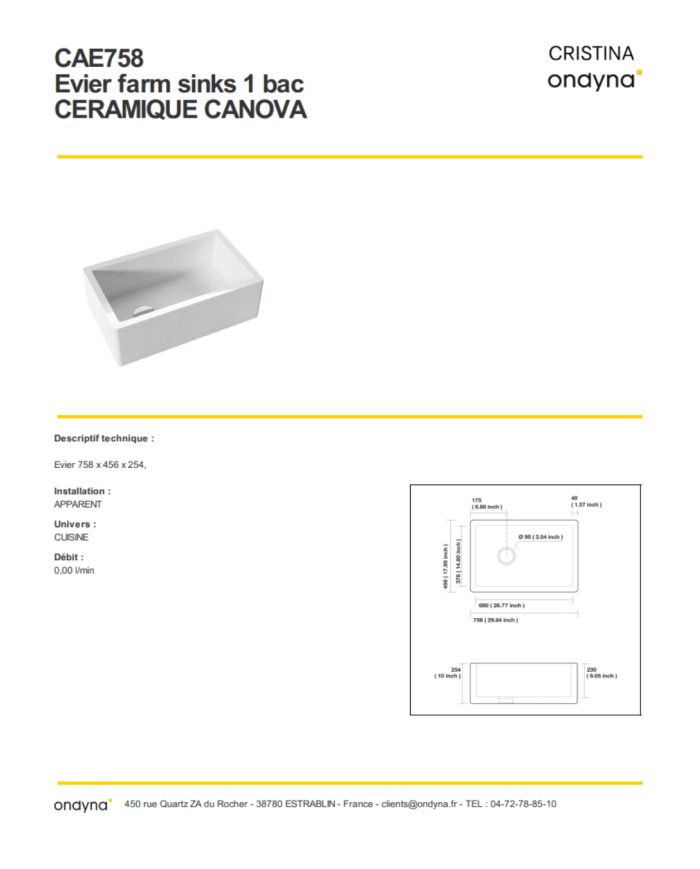 évier simple en céramique - Ondyna