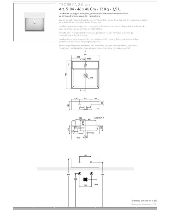 Vasque à poser / suspendu 46x46 Teorema - Scarabeo