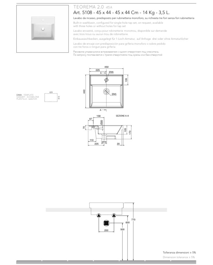 Vasque à encastrer 45x44 Teorema - Scarabeo