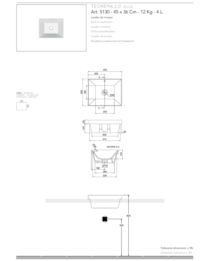 Vasque à encastrer 45x36 Teorema - Scarabeo