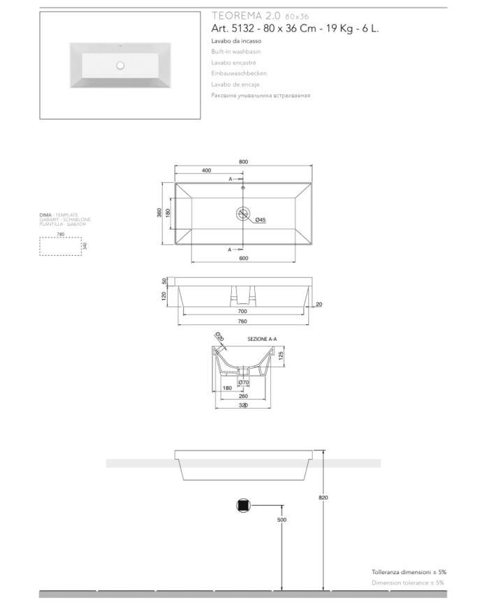 Vasque à encastrer 80x36 Teorema - Scarabeo