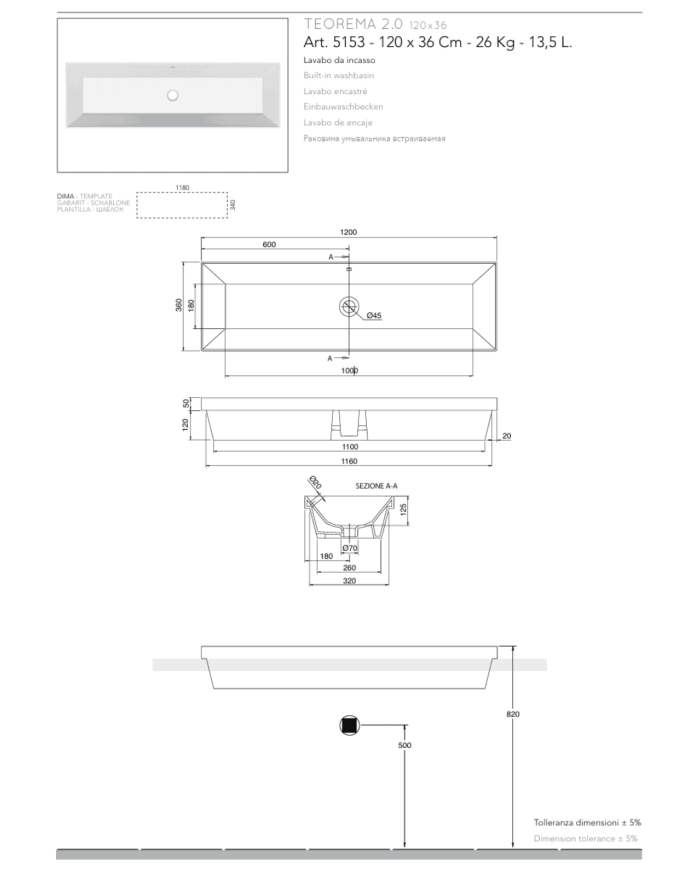 Vasque à encastrer 120x36 Teorema - Scarabeo