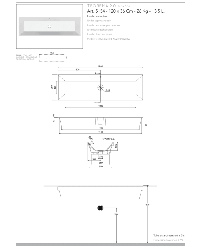 Vasque à encastrer 120x36S Teorema - Scarabeo