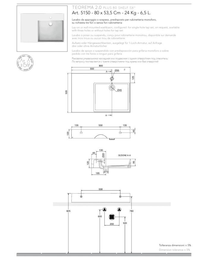 Vasque à poser / suspendu 80 shelf SX Teorema Plus - Scarabeo