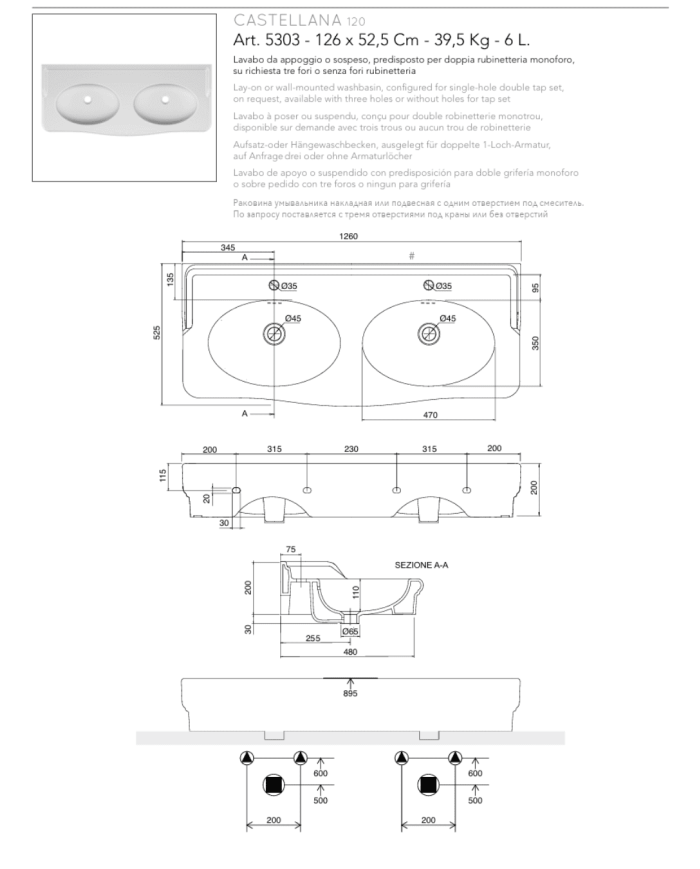 Lavabo double Scarabeo Castellana | Vasque 126cm italienne