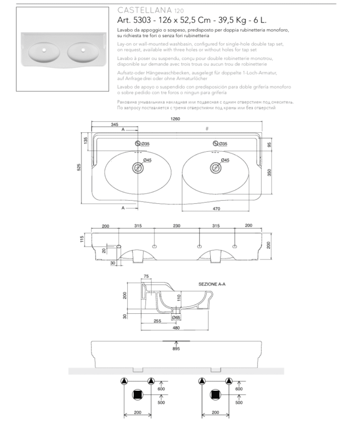 Lavabo double 126cm Castellana - Scarabeo