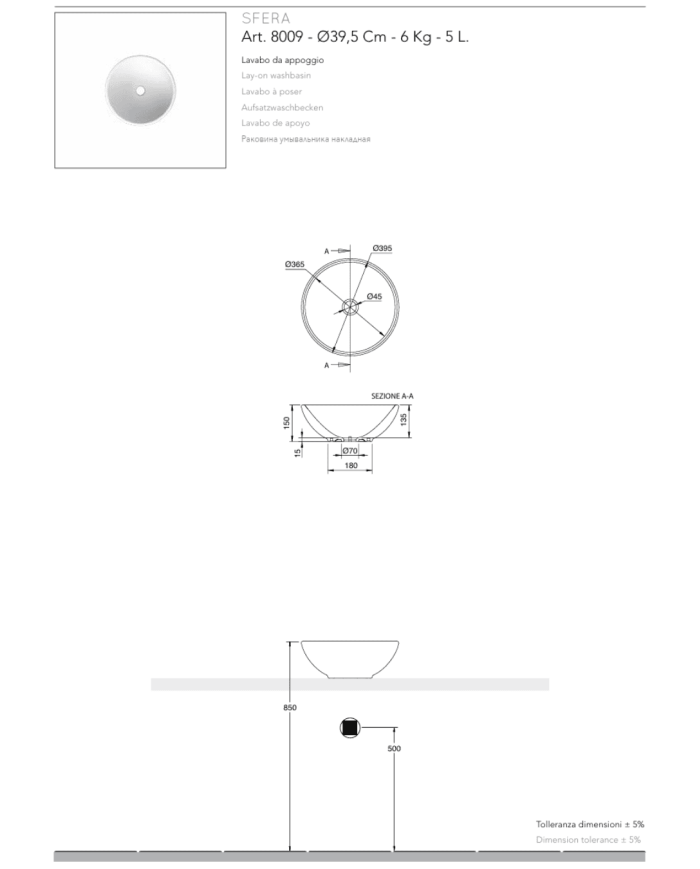 Vasque à poser Ø39.5cm Sfera Thin-line - Scarabeo