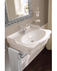 Lavabo rétro blanc Scarabeo 70x53 cm avec robinetterie chromée et miroir baroque.