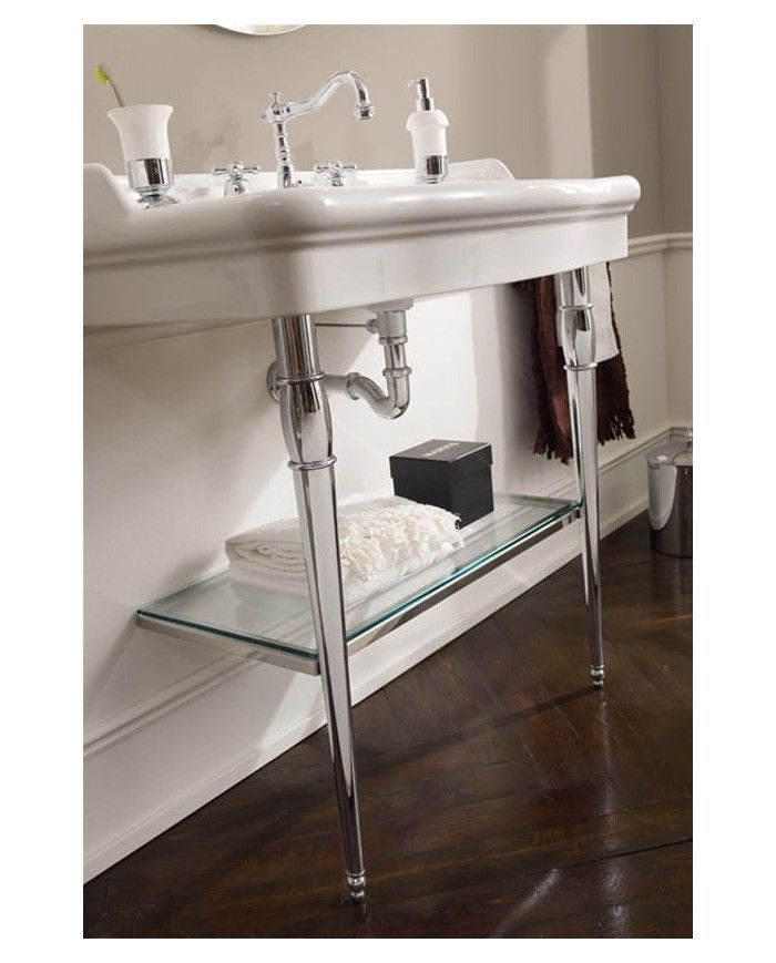 Lavabo rétro Scarabeo 70x53 cm en céramique blanche avec étagère en verre et structure chromée.