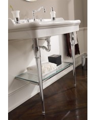 Lavabo rétro Scarabeo 70x53 cm en céramique blanche avec étagère en verre et structure chromée.
