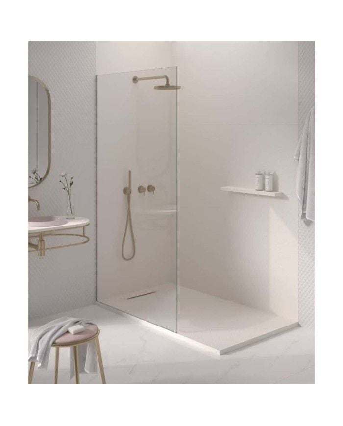 Receveur de douche CALIZA Doccia en blanc avec paroi vitrée et robinetterie dorée.