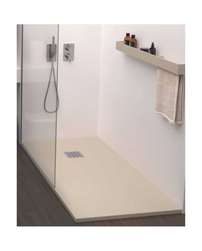 Receveur de douche LISO Doccia Group, beige, surface lisse et moderne, grille d'évacuation carrée.