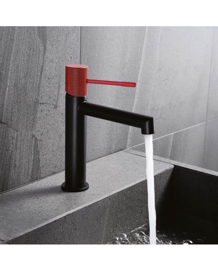 Mitigeur lavabo Drakar Odesign en noir et rouge, design moderne, manette texturée.