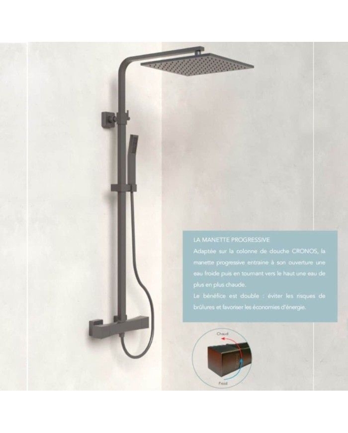 Ensemble douche Cronos Odesign en noir mat avec pommeau carré et manette progressive, marque O' design.