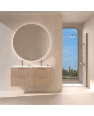 Meuble Gaban Odesign en bois clair avec vasques et miroir rond lumineux, salle de bain élégante.
