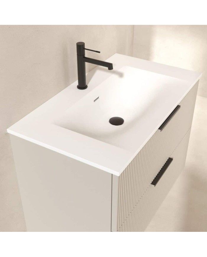 Meuble Gaban Odesign en blanc avec vasque intégrée et finition rainurée, robinet noir.