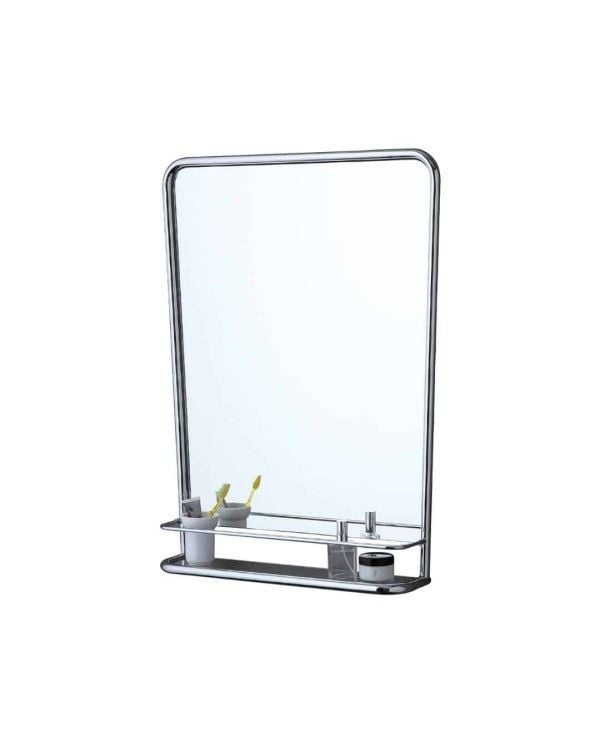 Miroir étagère So Fifties Bleu Provence, rectangulaire, cadre chromé, étagère intégrée pour accessoires.